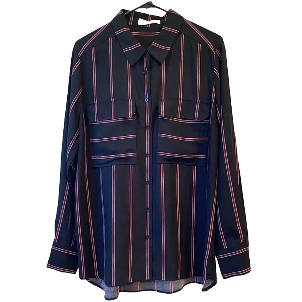 Elodie Black Long Sleeve Pinstripe Blouse Chest Pockets Women Size XL - Picture 1 of 6
